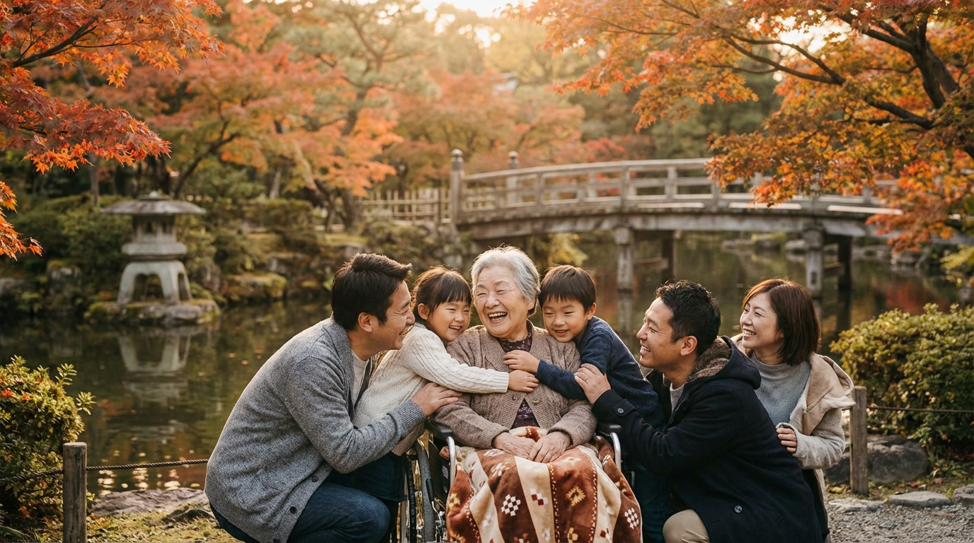 車椅子の高齢者と家族の笑顔